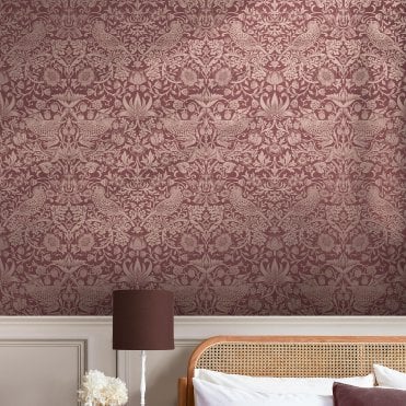 William Morris at Home Strawberry Thief Fibrous Burgundy  Wallpaper 124235