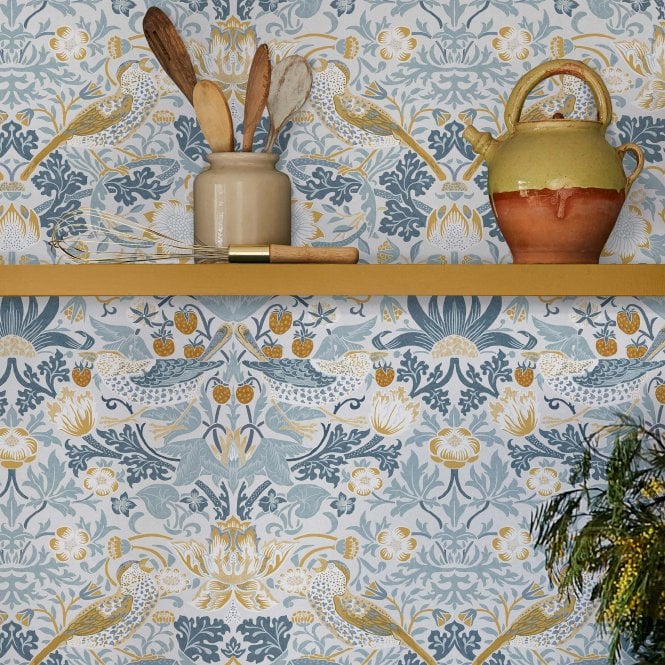 William Morris at Home  Strawberry Thief Soft Blue  Wallpaper 124232