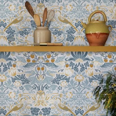 William Morris at Home Strawberry Thief Soft Blue  Wallpaper 124232